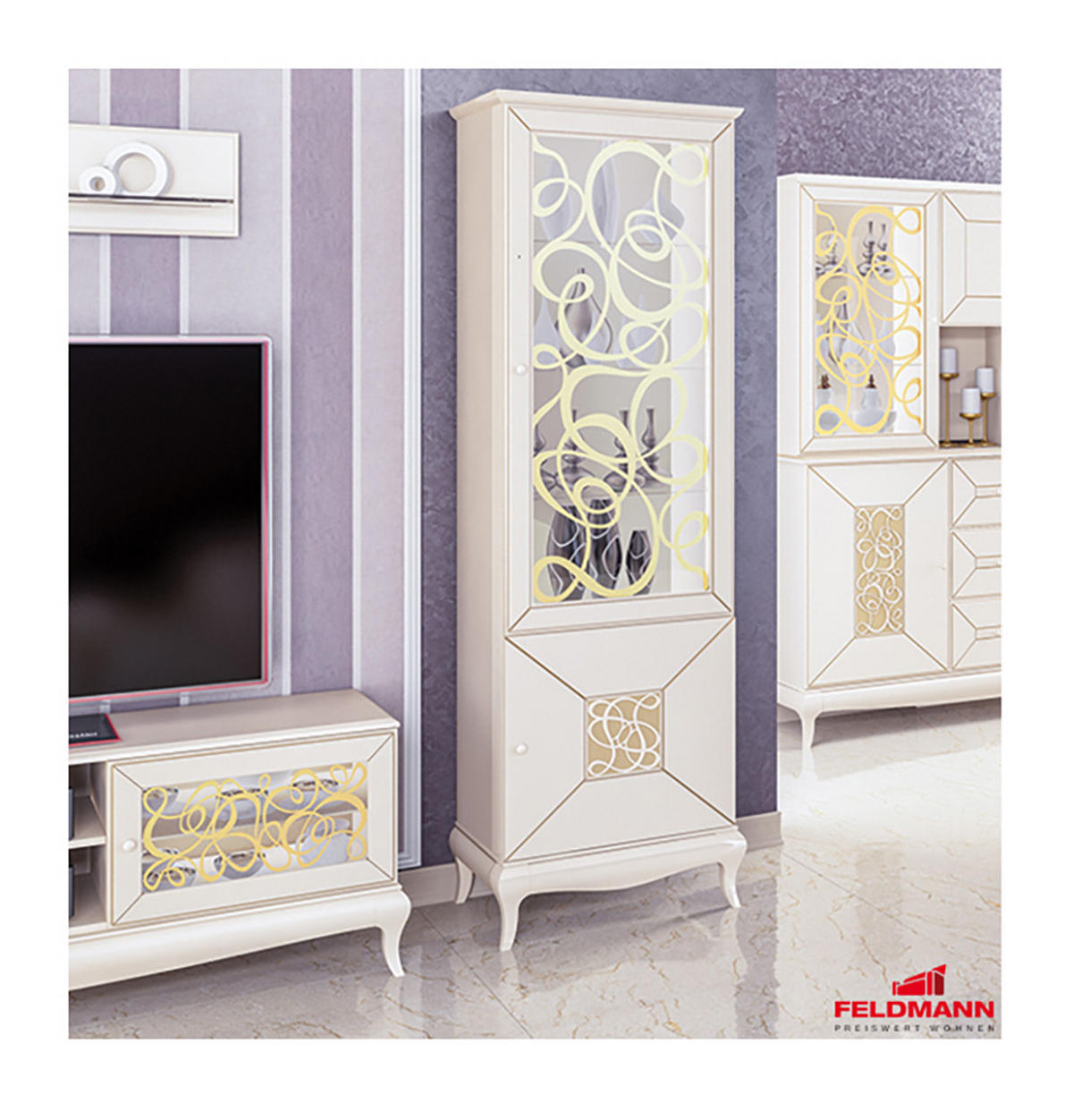 VITRINE Harmonie creme / gold 65 / 45 / 206cm - Goldfarben/Creme, Holz/Holzwerkstoff (65/206/45cm) - Feldmann-Wohnen