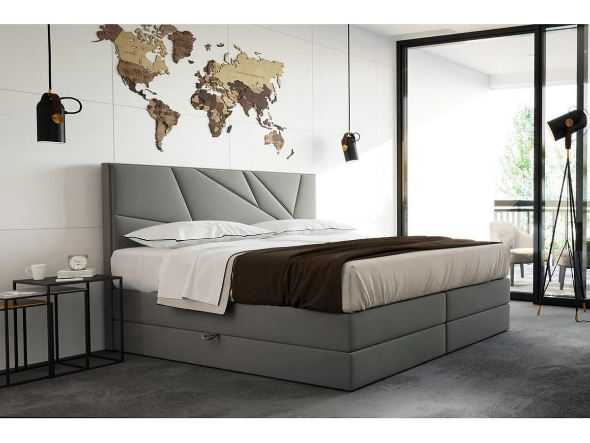 BOXSPRINGBETT VERDE LUX 180x200 cm, Bonell und Taschenmatratze, Topper 5 cm und Stauraum, Samtstoff, Grau - Grau, Holz/Kunststoff (180/200cm) - Trada