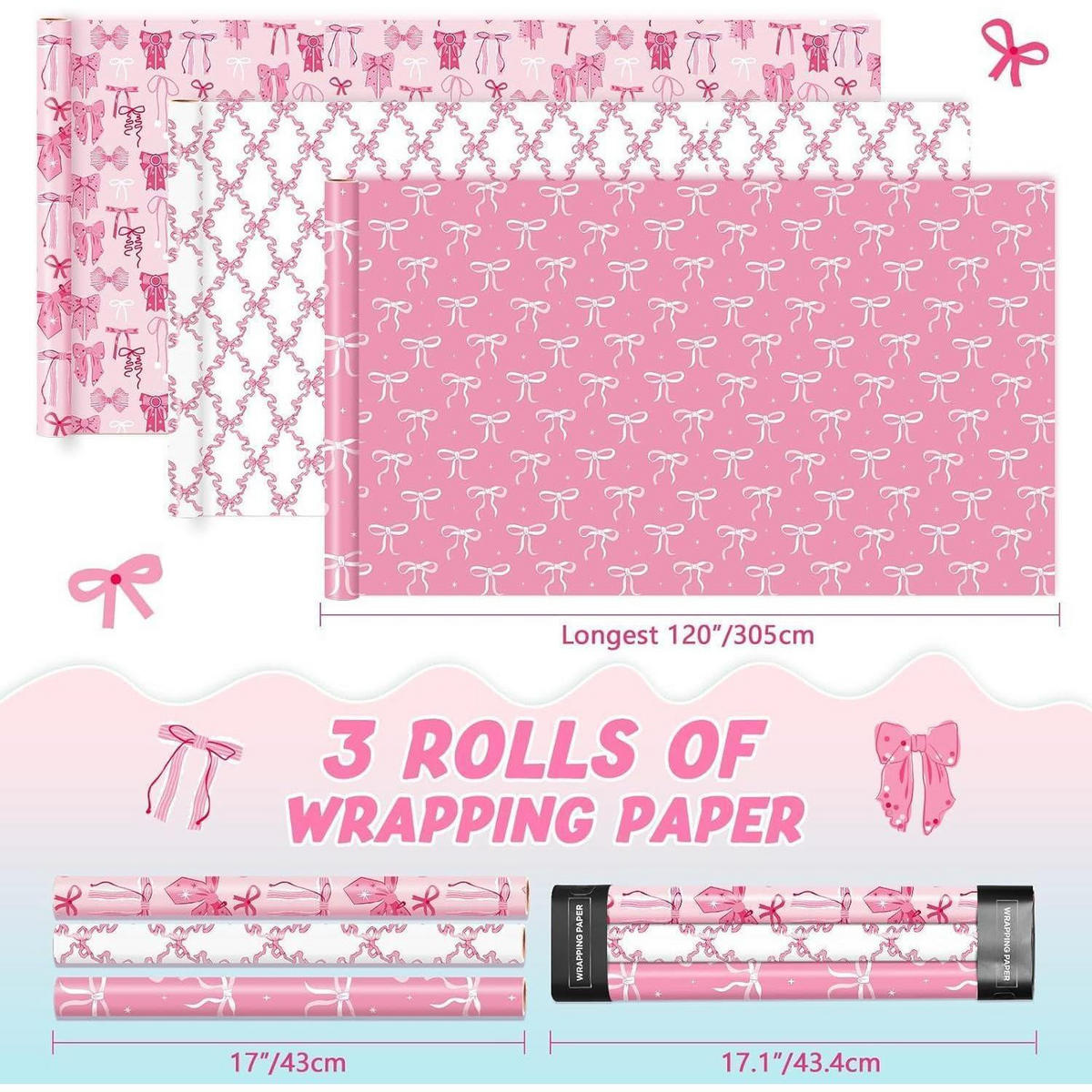 GESCHENKPAPIER 3 Rollen Set Rosa Schleife 43 cm x 3 m - Rosa, Papier (0.1/0.1/0.1cm)