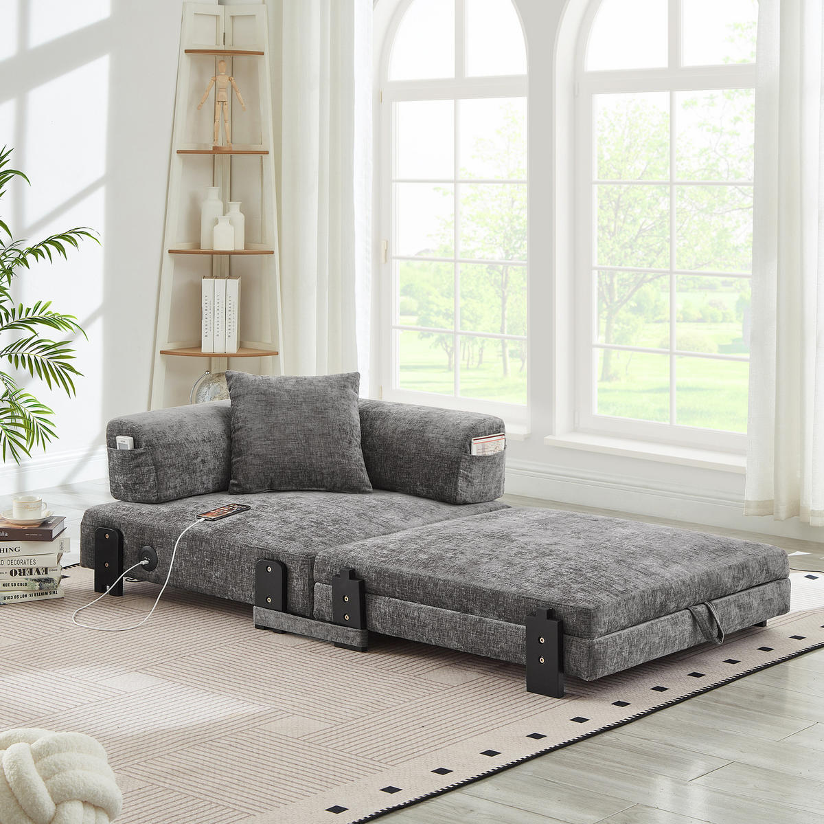 SCHLAFSESSEL aus Stoff Dunkelgrau mit Schlaffunktion, USB- und Type-C-Anschluss sowie Stauraum - Dunkelgrau, Textil (84/48/170.5cm) - Modfu
