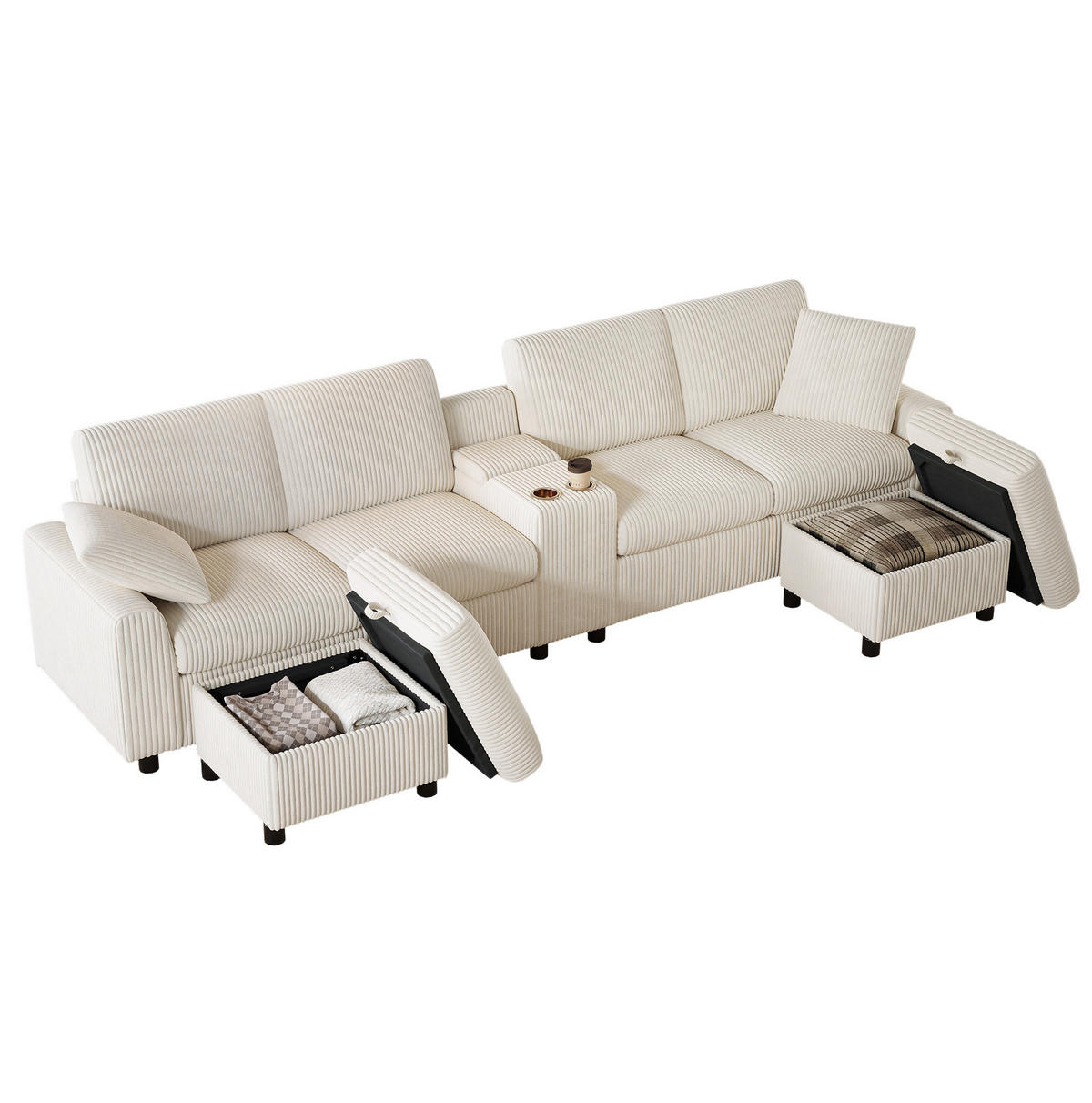 WOHNLANDSCHAFT 315/135/81 cm in Beige aus Cord mit Stauraum und Ladefunktion - Beige, Textil (315/81/135cm) - Flora Grace