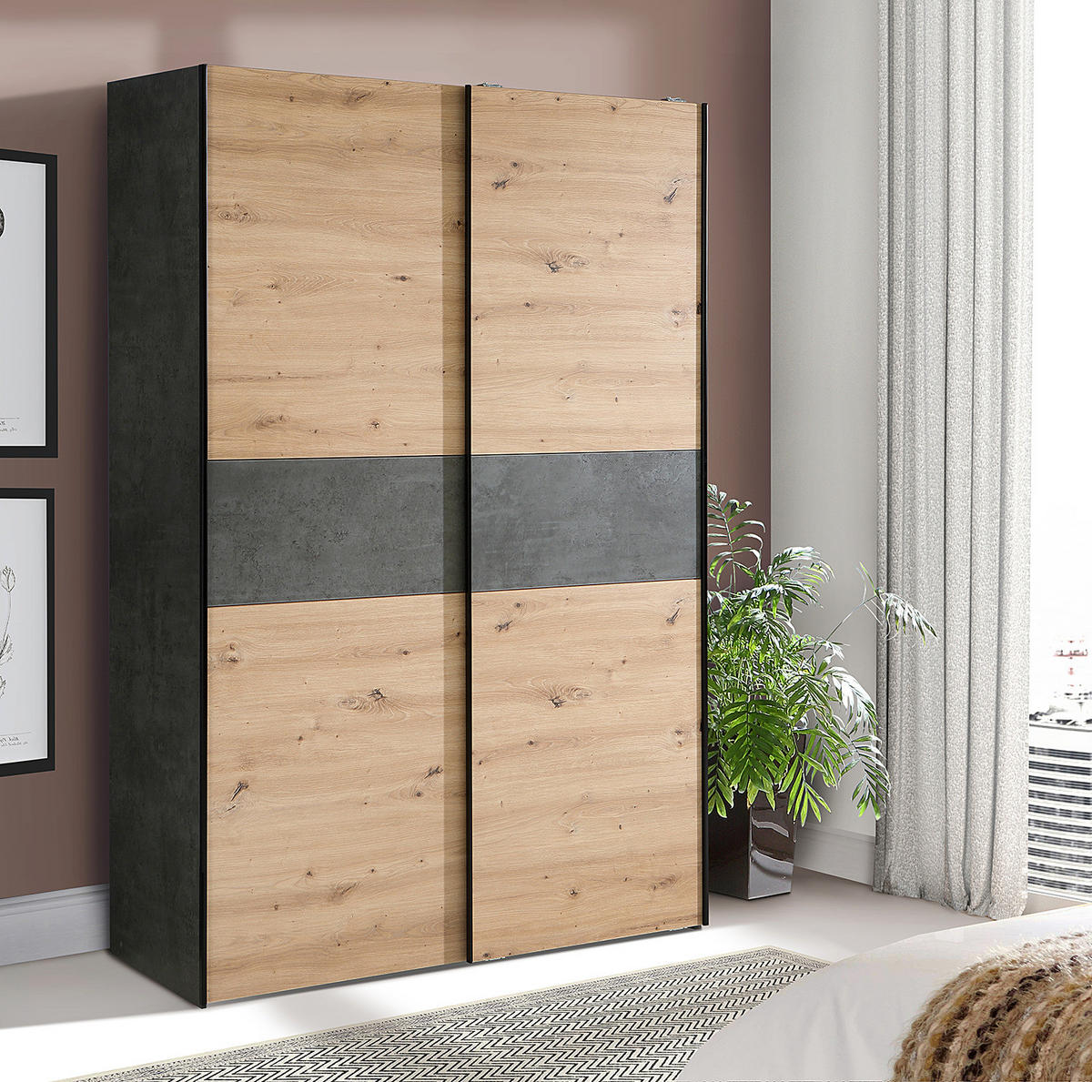 SCHWEBETÜRENSCHRANK - Anthrazit/Eiche Artisan, Holzwerkstoff/Metall (120/191/61cm) - home24