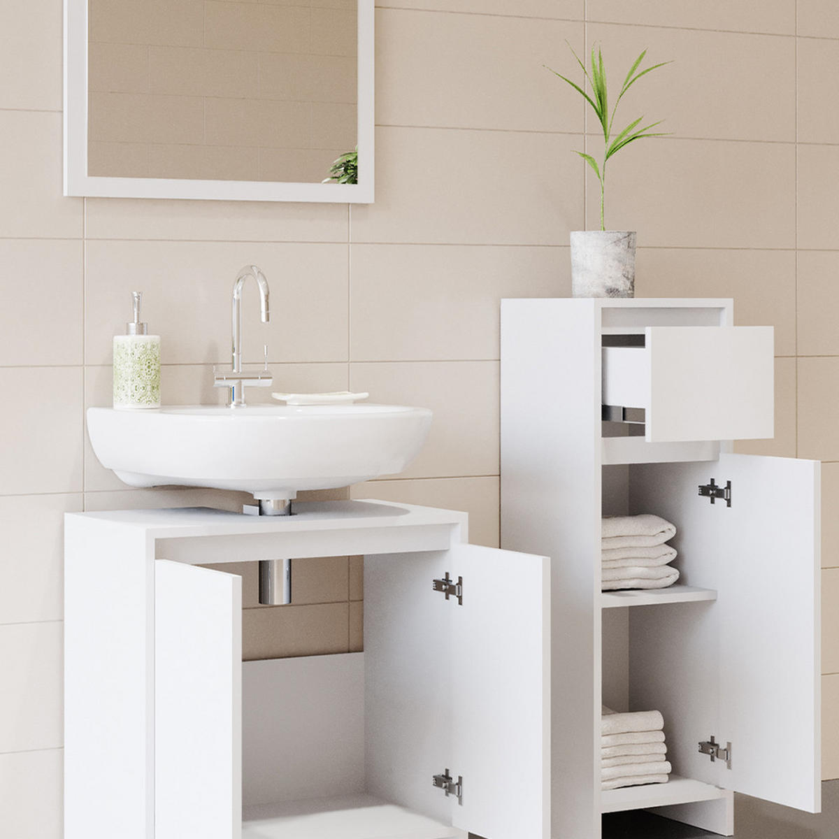 BADMÖBEL-SET Emma Weiß 3 Teile, mit Midischrank - Weiß, Holzwerkstoff (58/60/33cm) - Vicco