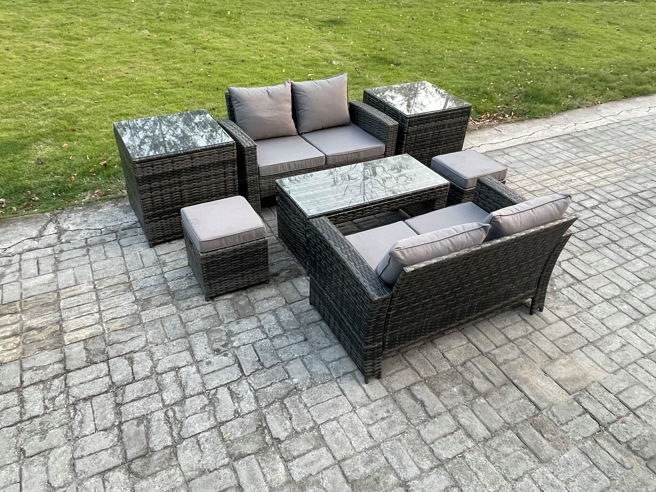 GARTENMÖBEL-SET Polyrattan Dunkelgrau 6-Sitzer - Dunkelgrau, Metall - Fimous
