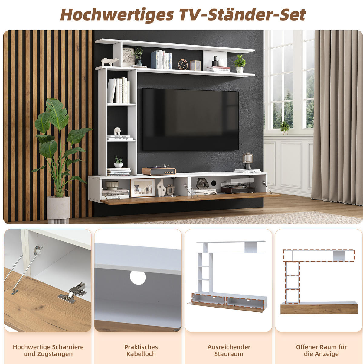 TV regal 180/35/150 cm bijelo i boja hrasta od iverala s policama i stojećom ili visećom montažom - bijela, drvni materijal (180/150/35cm) - OKWISH