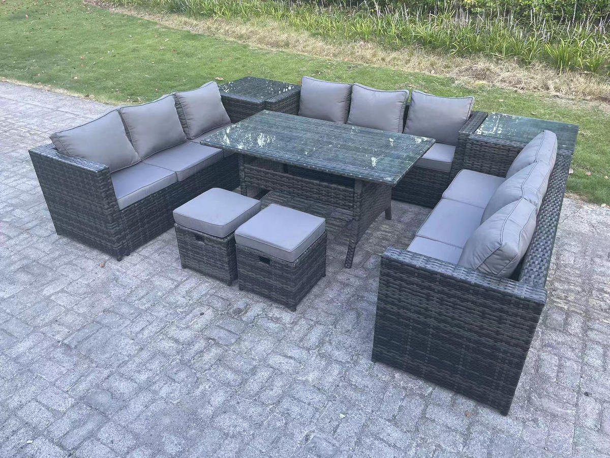 GARTENMÖBEL SET mit Beistelltisch,Hockern Polyrattan 11-Sitzer - Dunkelgrau/Grau, Glas/Kunststoff - Fimous