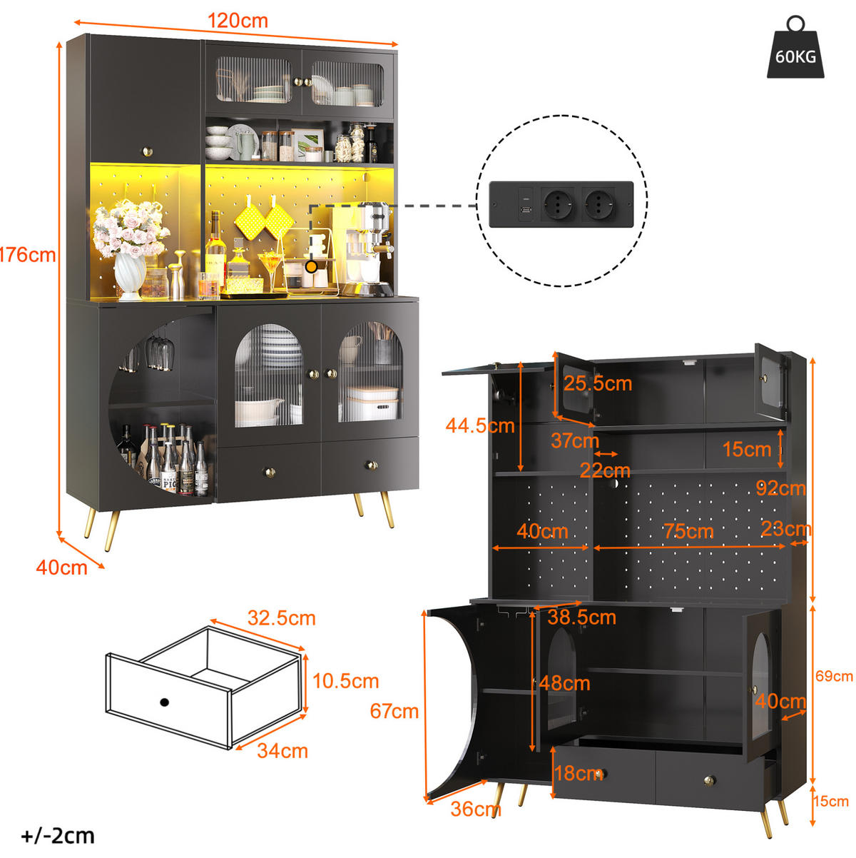 ANRICHTE Küchenschrank 120/40/176 cm aus MDF und Glas mit LED-Beleuchtung und Steckdosenleiste Schwarz - Schwarz, Holzwerkstoff (120/176/40cm) - Modenvie