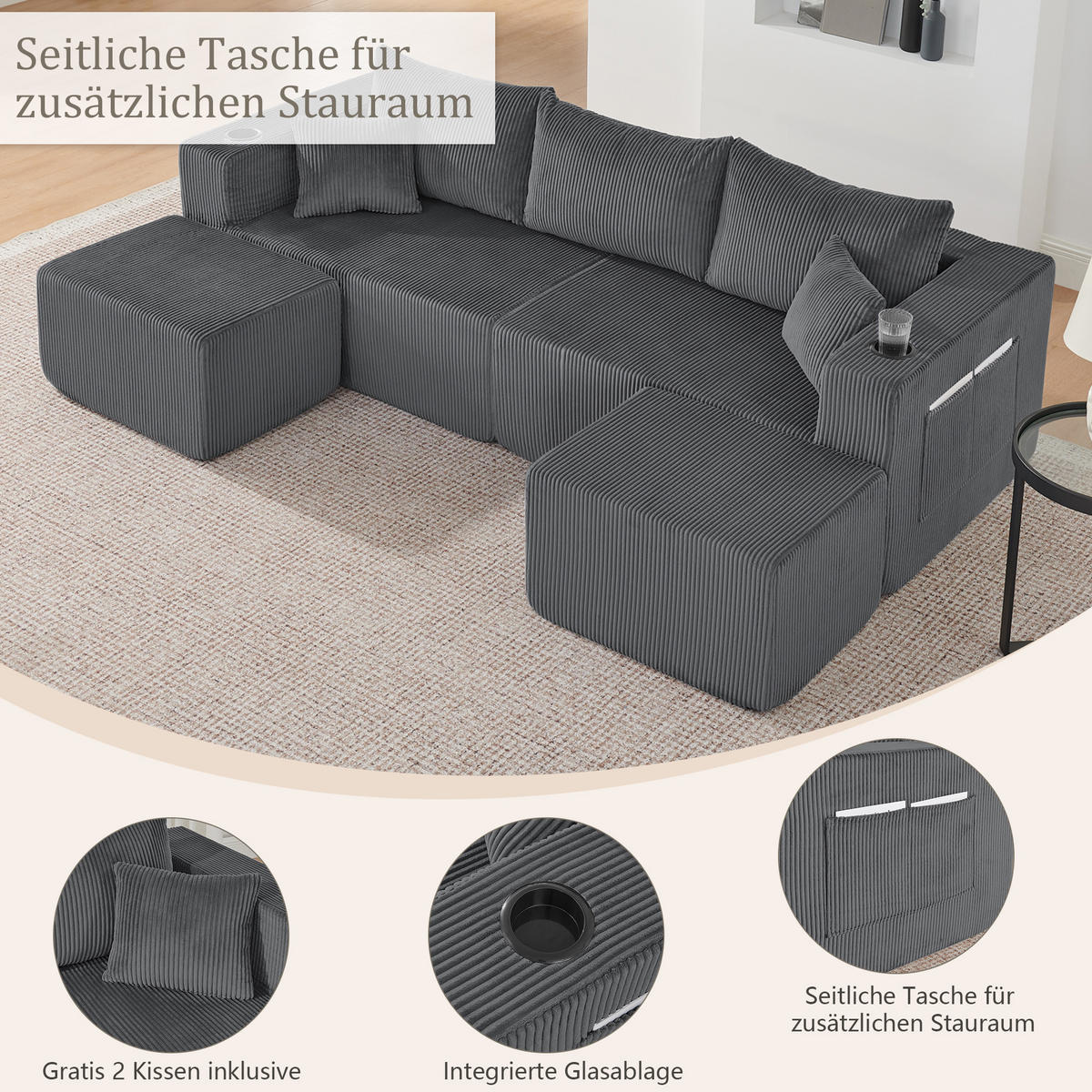 WOHNLANDSCHAFT DE-34629 modular mit 2 Ottomanen Grau - Grau, Textil (138/75/230cm) - ComfortXL