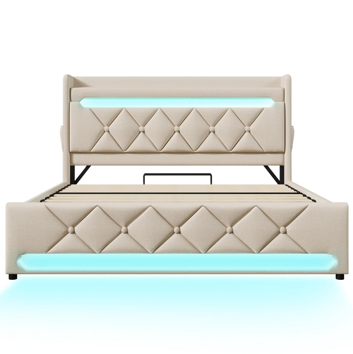 POLSTERBETT aus Leinen 180x200 cm in Beige mit LED-Beleuchtung & USB-C - Beige, Textil (180/200cm) - Modfu