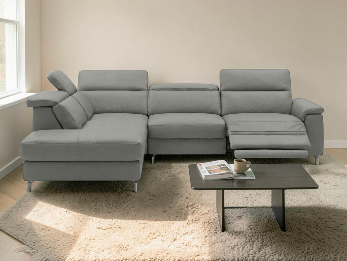 ECKSOFA Ambassador Echtleder mit 1 x Relaxfunktion Perlgrau - Hellgrau, Leder/Metall (224/272cm)