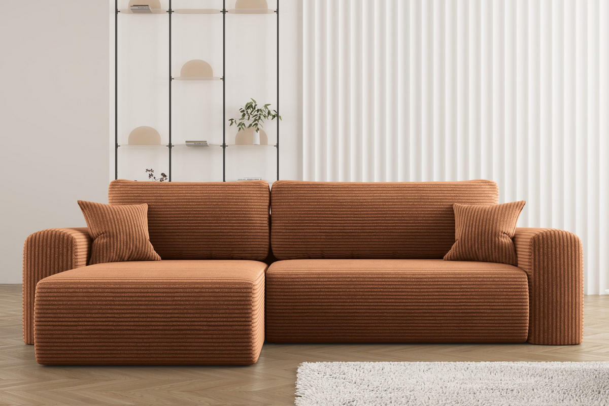 ECKSOFA Mit Schlaffunktion und Stauraum für Bettzeug Capri Stoff Poso Ziegel Links - Kupferfarben, Holz/Textil (145/272cm) - Kaiser Möbel
