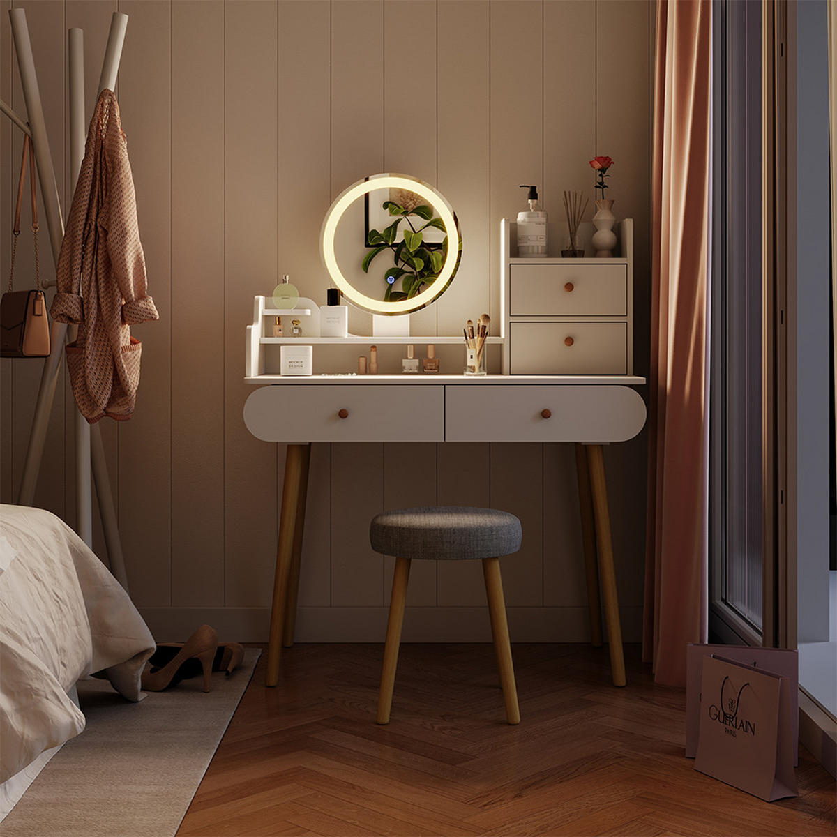 TOALETNÍ STOLEK Edda Bílá 100 cm se zrcadlem LED a stoličkou - bílá, kompozitní dřevo (100/130/40cm) - Vicco