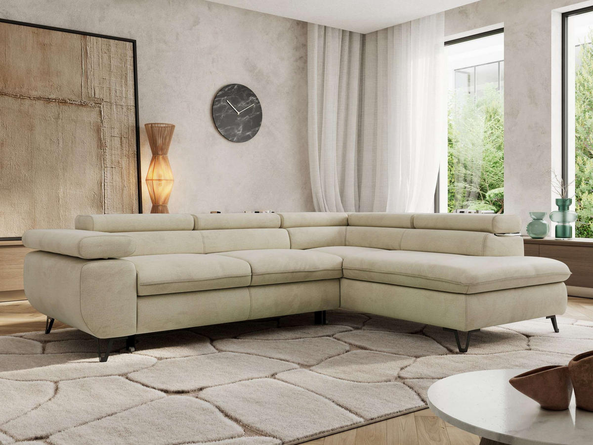 ECKSOFA PABLO L Beige Velvet - Rechts Seite mit Visco Topper - Beige/Schwarz, Textil/Metall (273/208cm) - MKS