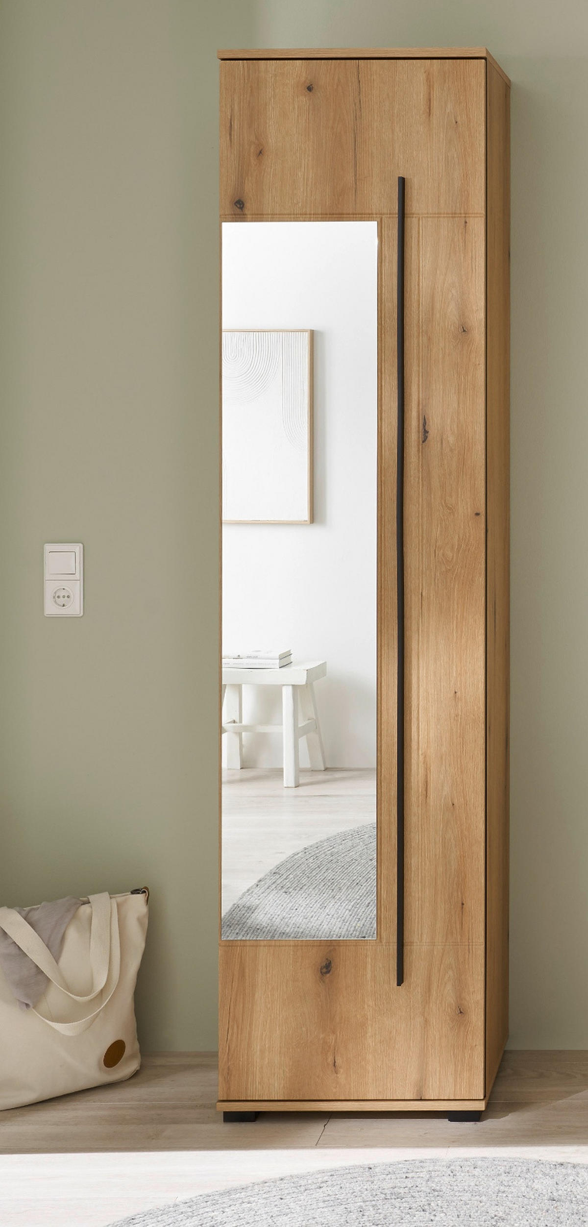 SCHUHSCHRANK Evoke Eiche 50 x 200 cm, Garderobenschrank mit Spiegel - Eichefarben/Schwarz, Glas/Holzwerkstoff (50/200/39cm) - Furn.Design