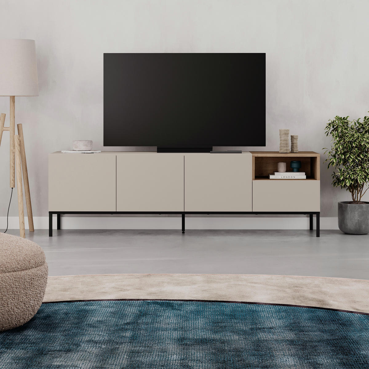 TV-LOWBOARD Cailin Sandstein, Eiche natur, Eiche 180/41,8/55 cm - Sandfarben/Schwarz, Holzwerkstoff/Metall (180/55/41.8cm) - Decortie