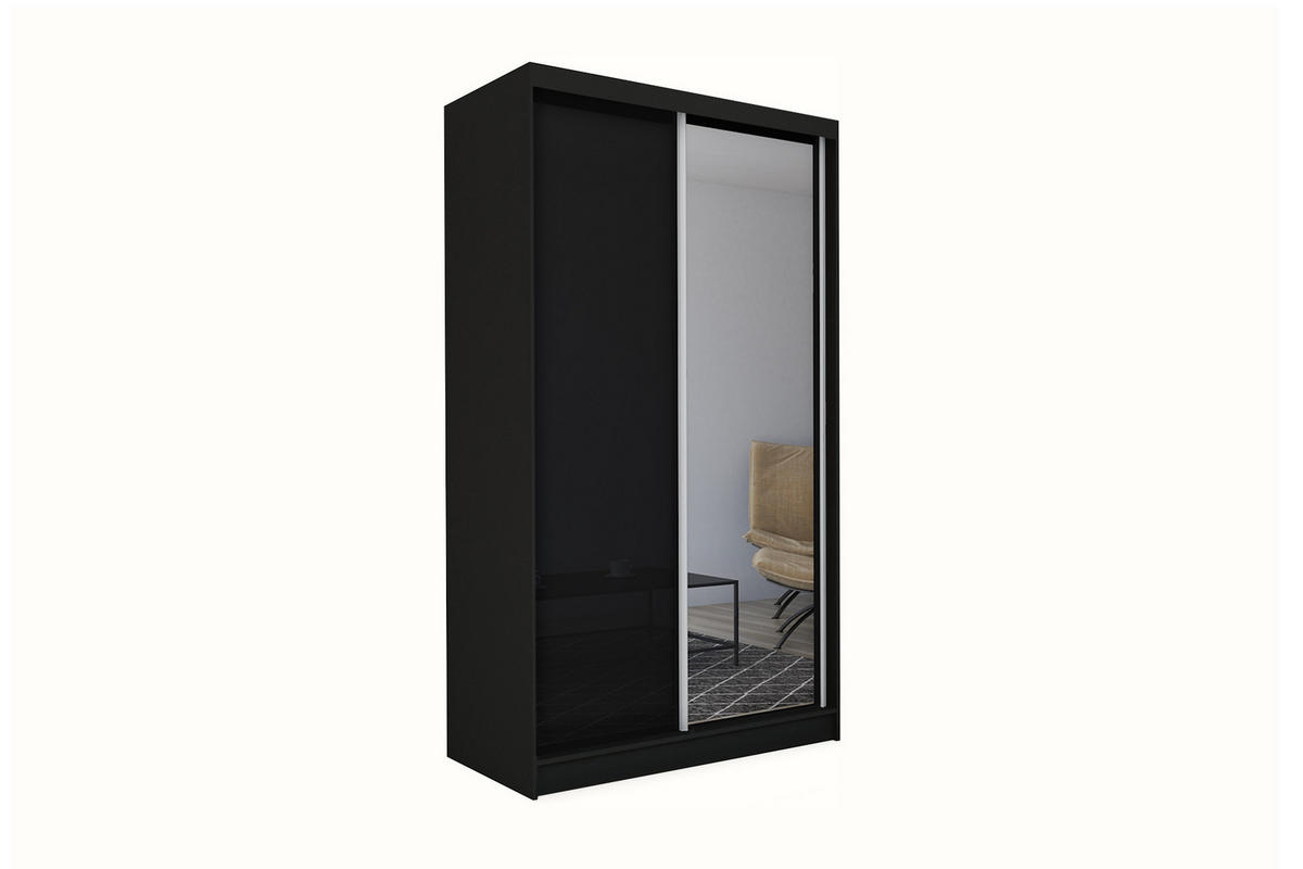 KLEIDERSCHRANK mit Spiegel-Schiebetüren und Aluminium-Leisten, LED-Beleuchtung - PARTI - 150 cm Schwarz - Schwarz, Holzwerkstoff (150/216/61cm) - ALTDECOR