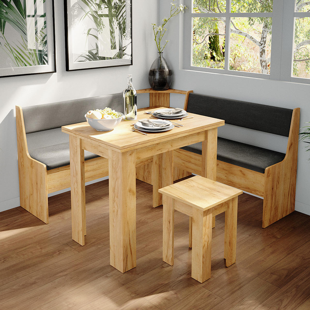 ECKBANKGRUPPE Roman Goldkraft Eiche 150 x 41.5 cm mit Tisch - Honigeiche/Anthrazit, Holzwerkstoff (150/80/150cm) - Vicco
