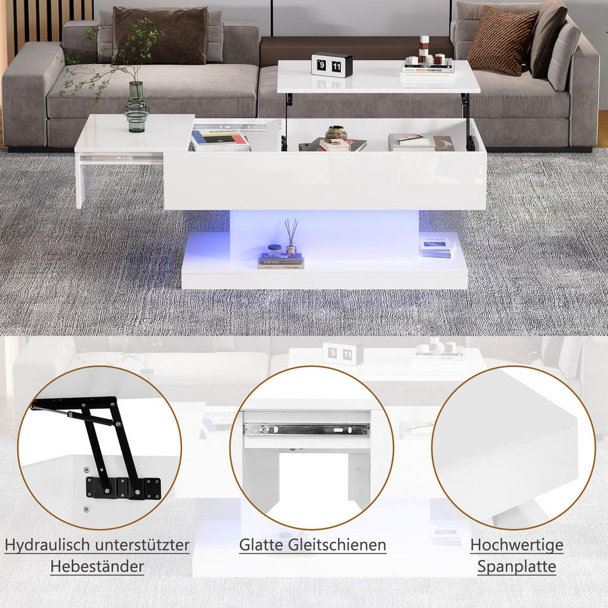 COUCHTISCH 100x50cm Weiß Hochglanz LED Hydraulik Lift Verschiebbar - Weiß, Holz (109.75/59.66/14.5cm) - FLIEKS