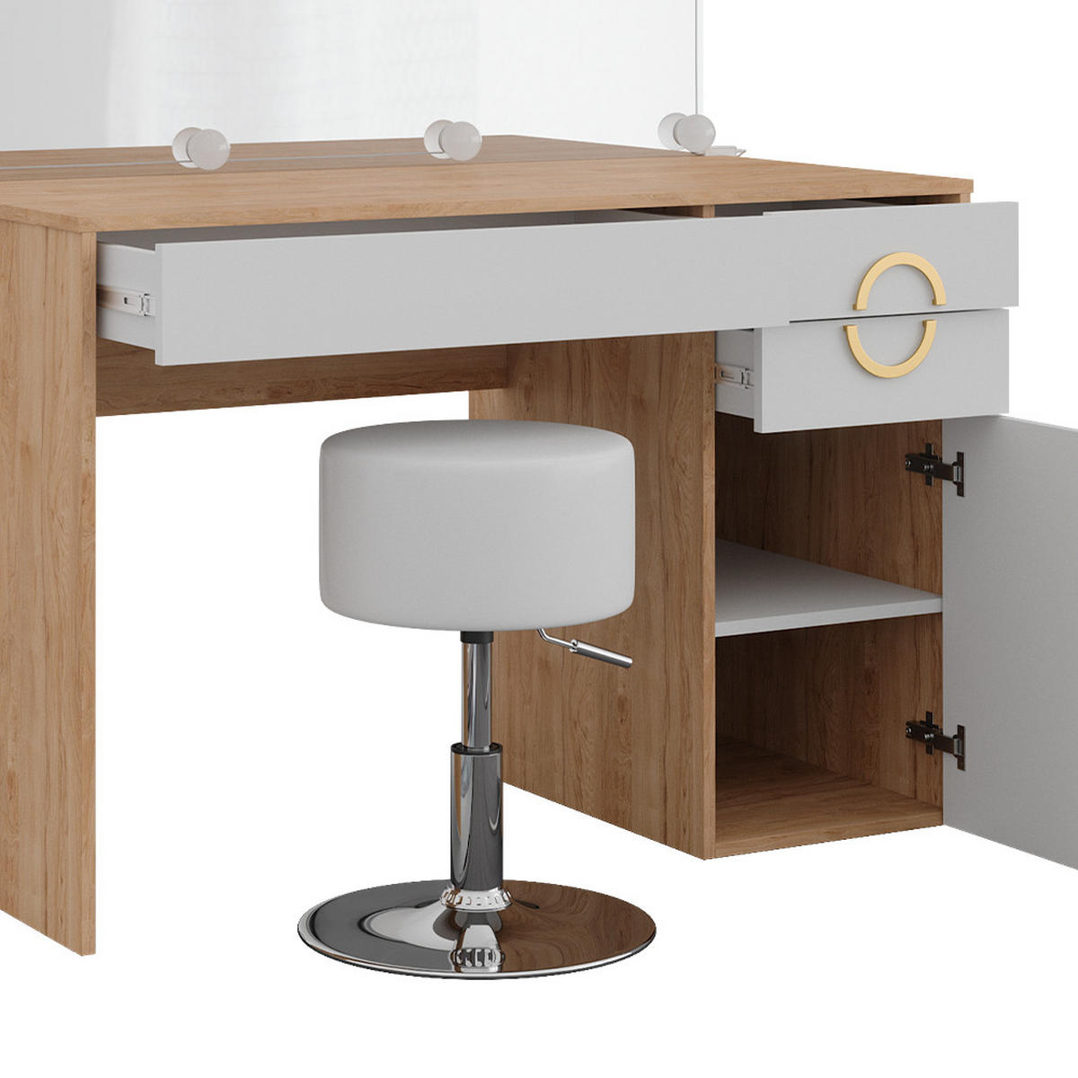 SCHMINKTISCH Adela Natural Rockford Hickory 115 cm LED-Beleuchtung und Hocker - Weiß/Sonoma Eiche, Holzwerkstoff (115/76.4/55cm) - Vicco