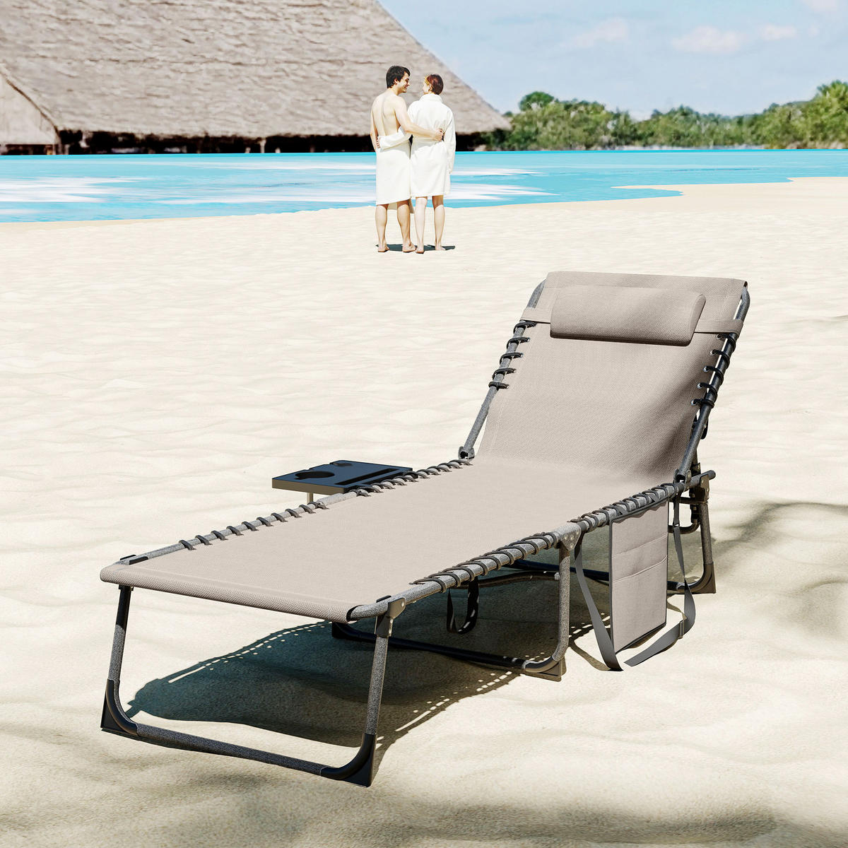 SONNENLIEGE DE-15680 5-fach verstellbar mit Tablett, 190 cm Creme - Creme, Metall (60/31/190cm) - ComfortXL