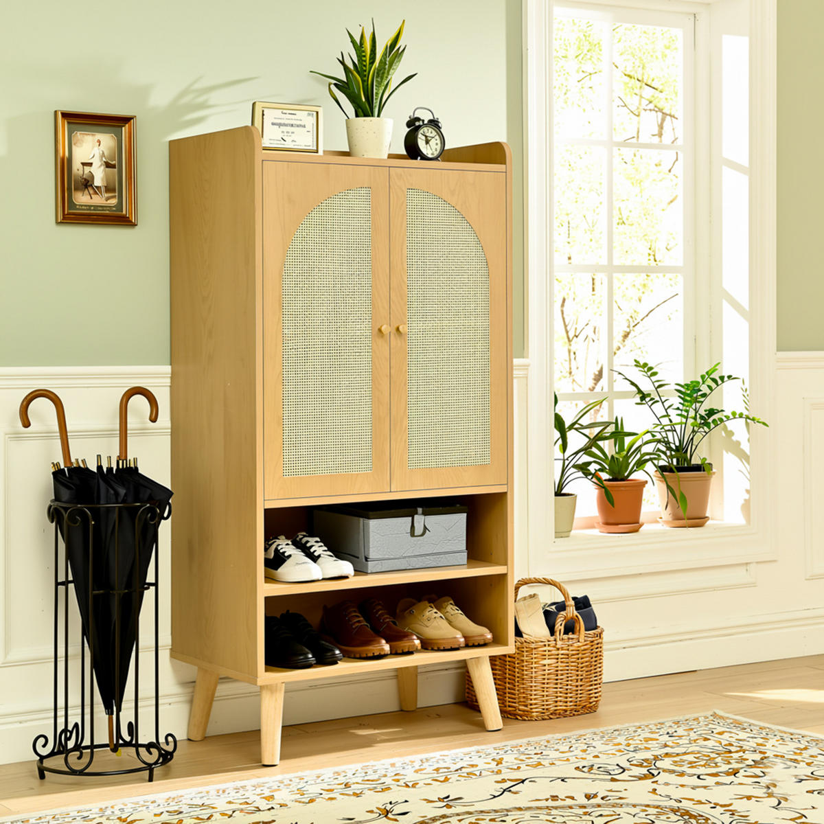 SCHUHREGAL 60 cm Naturholz mit Rattantüren mit offenen Fächern im Boho-Stil - Naturfarben, Holzwerkstoff (60/121/40cm) - Urban Meuble
