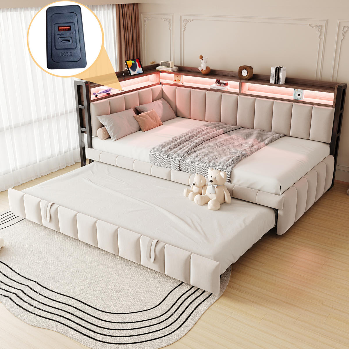 POLSTERBETT 90/200 cm aus Samtstoff mit LED, USB und Stauraum, Beige - Beige, Textil (90/200cm) - OKMYHOME