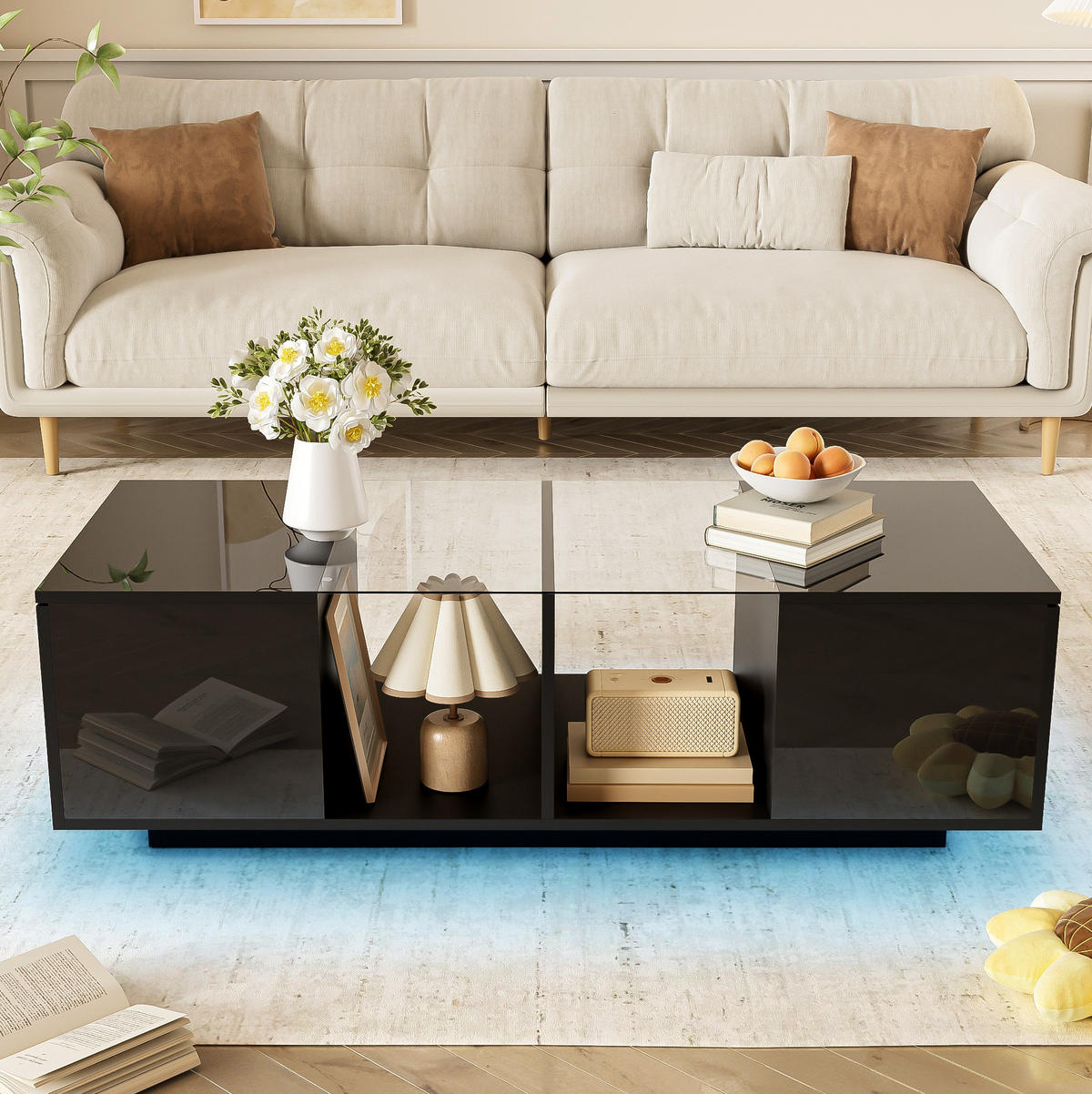 COUCHTISCH 120/50/38.5 cm schwarz aus Glas, MDF und Spanplatte mit LED-Beleuchtung - Schwarz, Holzwerkstoff (120/50/38.5cm) - OKMYHOME