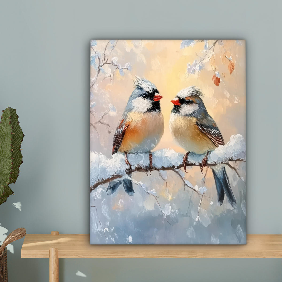 LEINWANDBILD Vögel - Zweig - Winter - Schnee 30x40 cm - Pastellblau, Textil (30/40cm) - MuchoWow