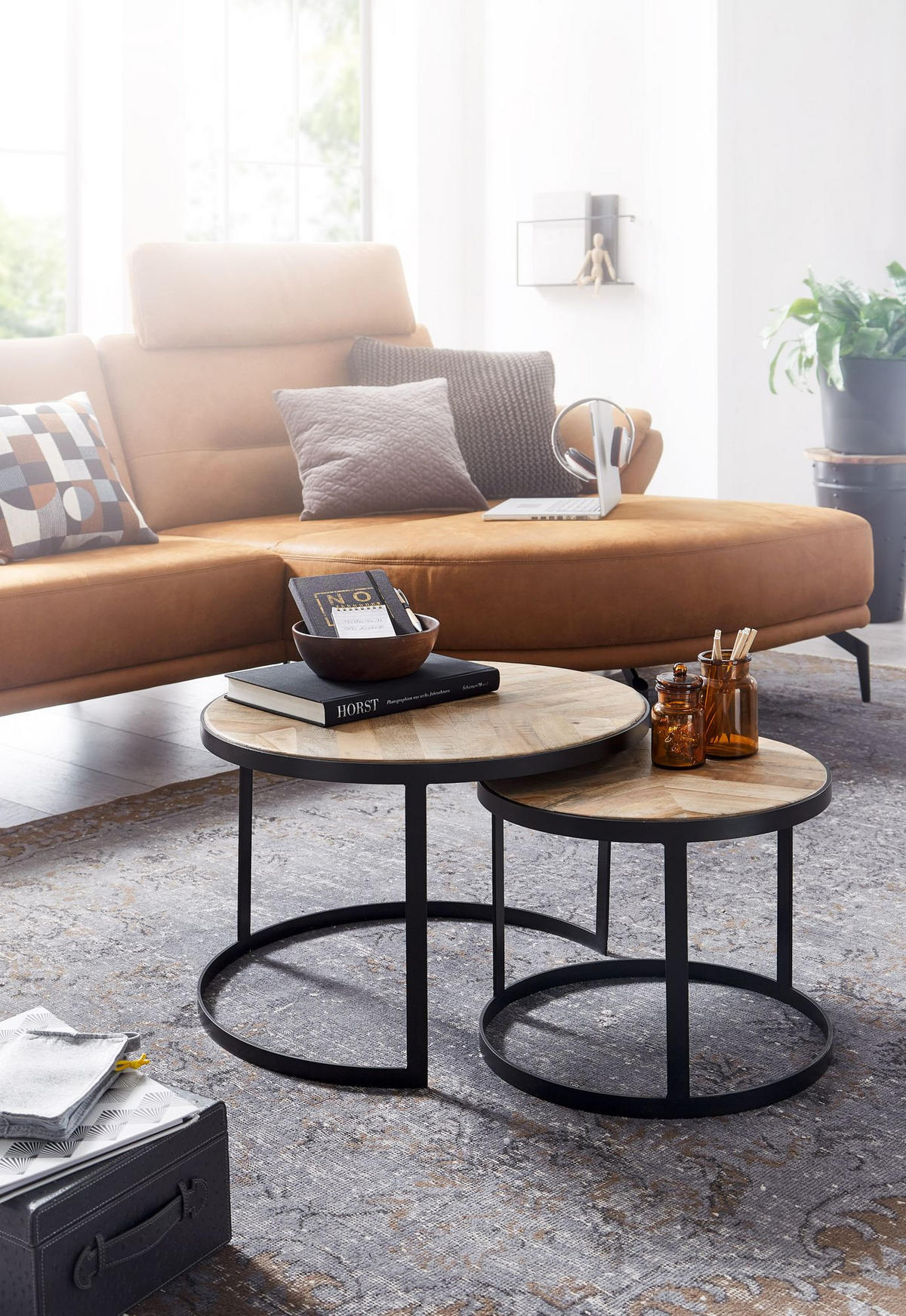COUCHTISCH 2er Set Massivholz Metall Platzsparend Handgefertigt ESINO, Beige 60x60x40 cm - Beige/Schwarz, Holz/Metall (60/60/40cm) - KADIMA DESIGN