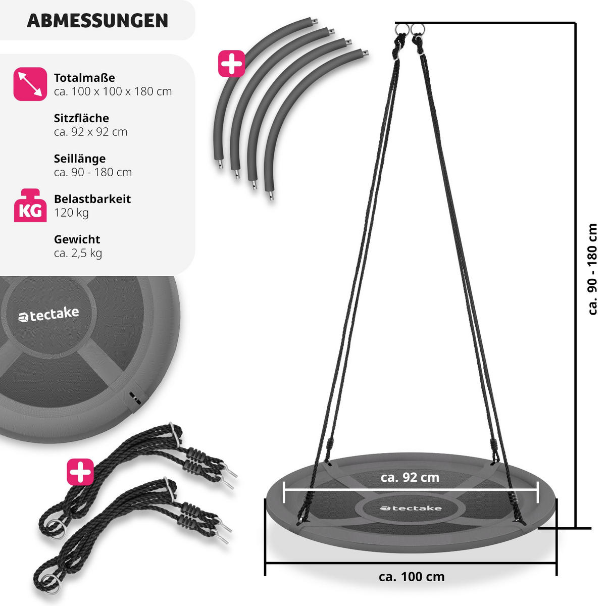 NESTSCHAUKEL Swayer,Textilene-Bespannung,grau/schwarz - Schwarz/Grau, Kunststoff (100/100cm) - tectake