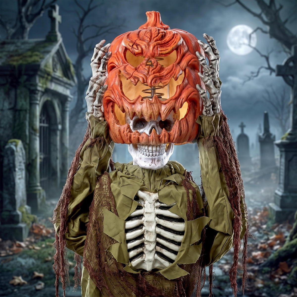 HALLOWEENDEKO DE-42108 Pop-up-Kürbis-Skelett 173 cm mit LED und Sound - Dunkelgrün, Metall (50/173/20cm) - ComfortXL