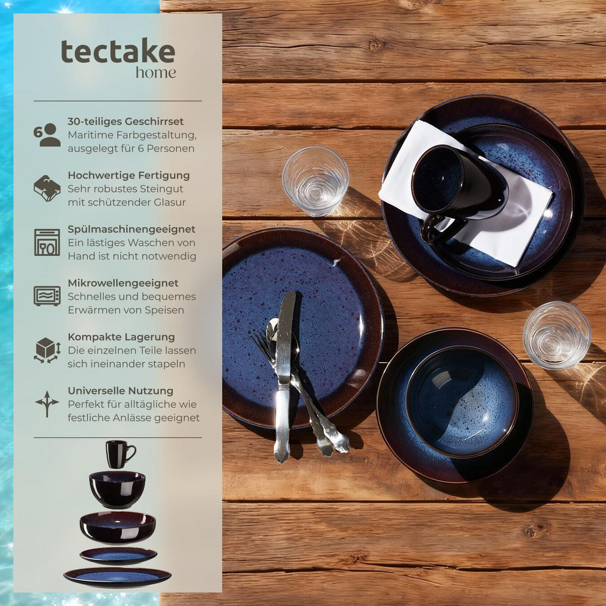 KOMBISERVICE Mare, ineinander stapelbar, blau/braun - Blau, Keramik (26.5/2.5/26.5cm) - tectake