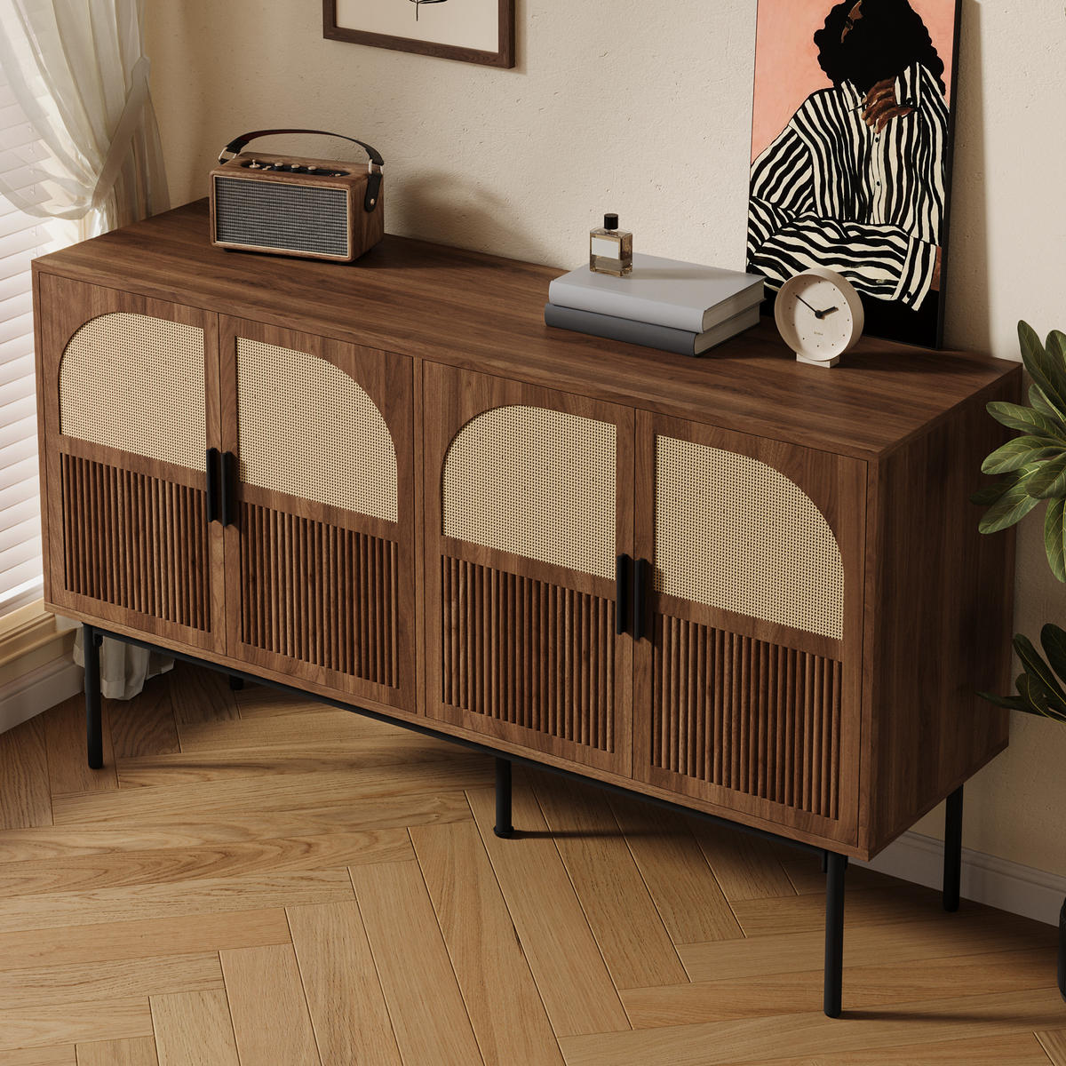 SIDEBOARD in Naturfarben Kommode mit Stauraum und Metallbeinen für Wohnzimmer und Esszimmer, B140/T40/H80cm - Schwarz/Naturfarben, Holzwerkstoff/Metall (140/80/40cm) - STILVORA