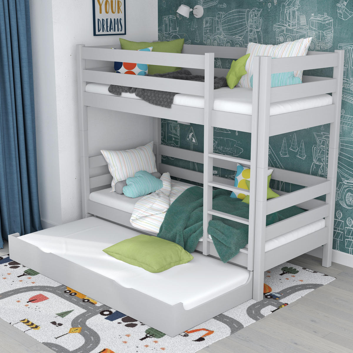 ETAGENBETT N01 mit Matratzenschublade Grau 80/190 - Grau, Naturmaterialien/Holz (80/190cm) - N-Wood