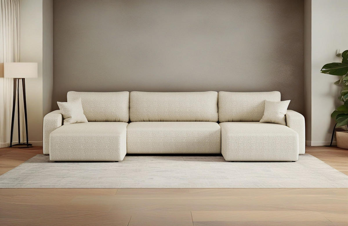 ECKSOFA U-Form Mit Schlaffunktion Und Bettkasten MILANO Stoff Ecru - Ecru, Holz (312/145cm) - Kaiser Möbel