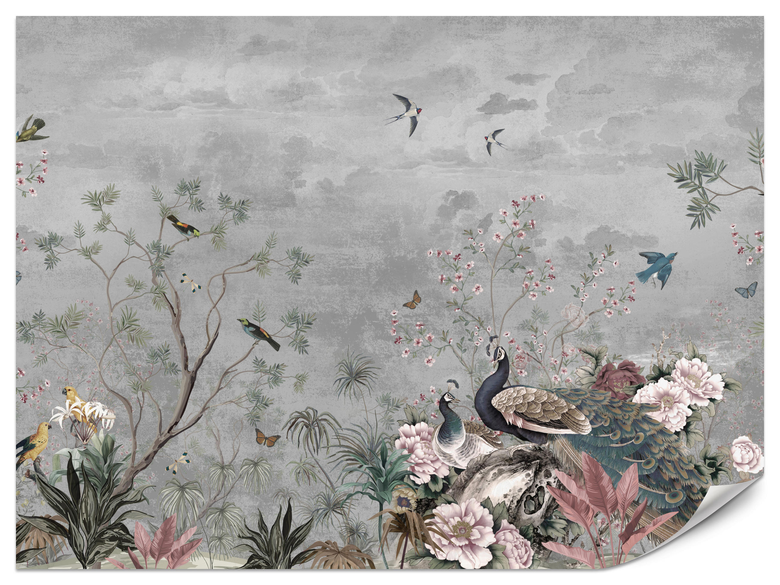 FOTOTAPETE für Büro Pfauen Vögel Pflanzen Bäume Tropische Blumen 400x280 - Multicolor, Papier (400/280cm) - Muralo