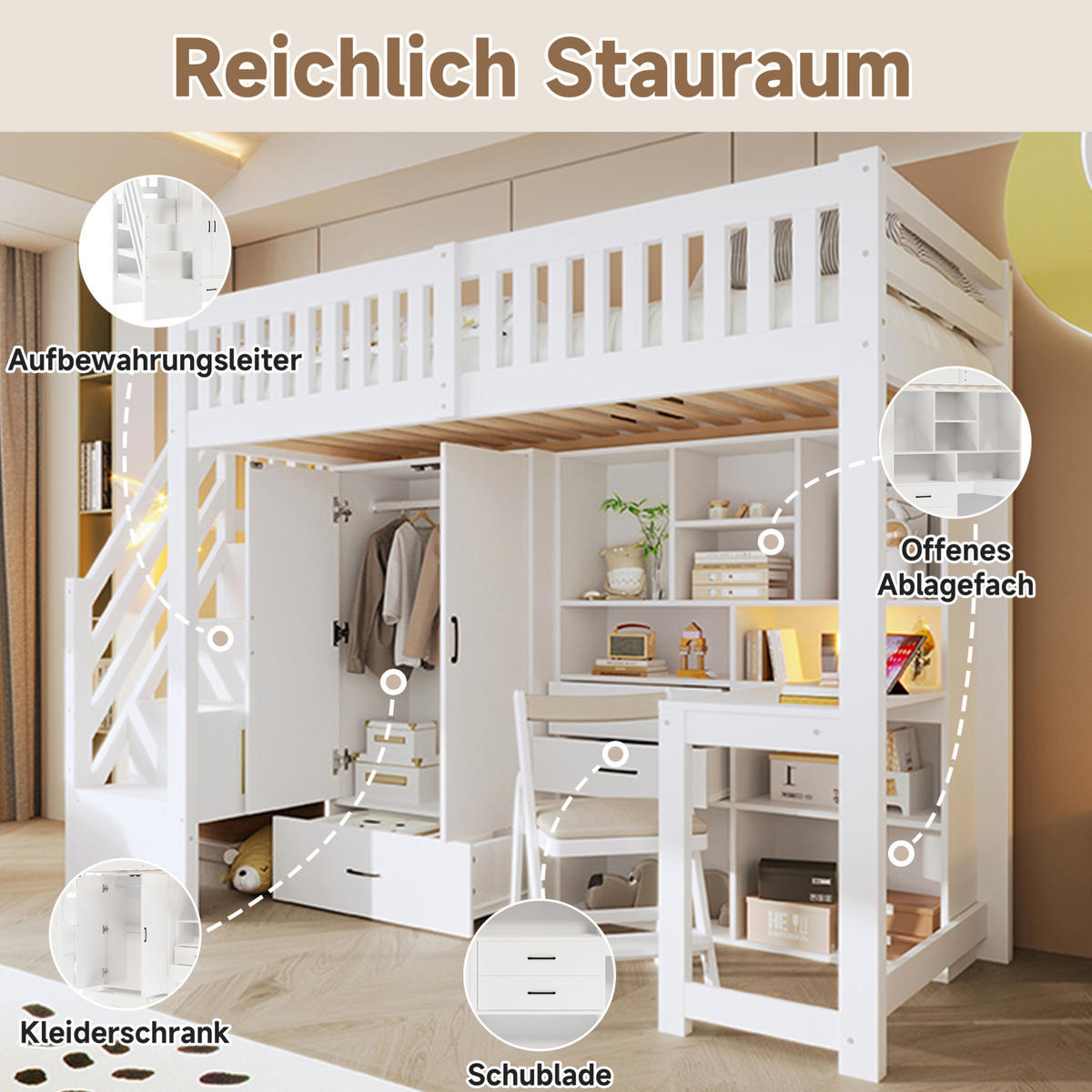 HOCHBETT 90/200 cm mit Schreibtisch, Ablageleiter, Kleiderschrank und Schubladen aus Kiefernholz, Weiß - Weiß, Holz (90/200cm) - Redom