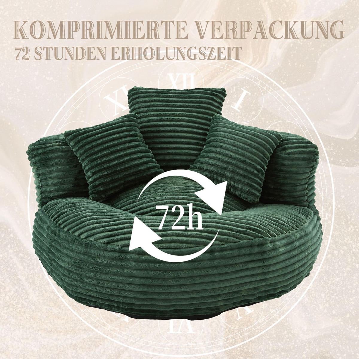 SITZSACK in Chenille mit 3 Kissen - Grün, Textil (108/52/108cm) - Urban Meuble
