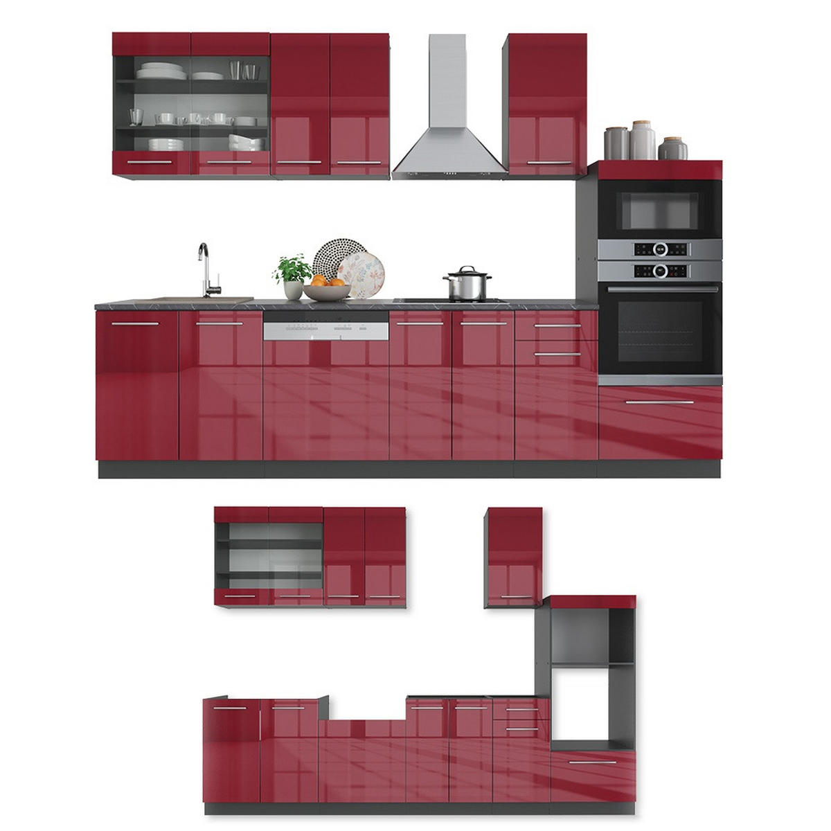 PENTRY Fame-Line Bordeaux högblank/antracit 300 cm med högskåp, utan bänkskiva - Bordeaux/Antracit, Träbaserade material (300/153.6/51.6cm) - Vicco
