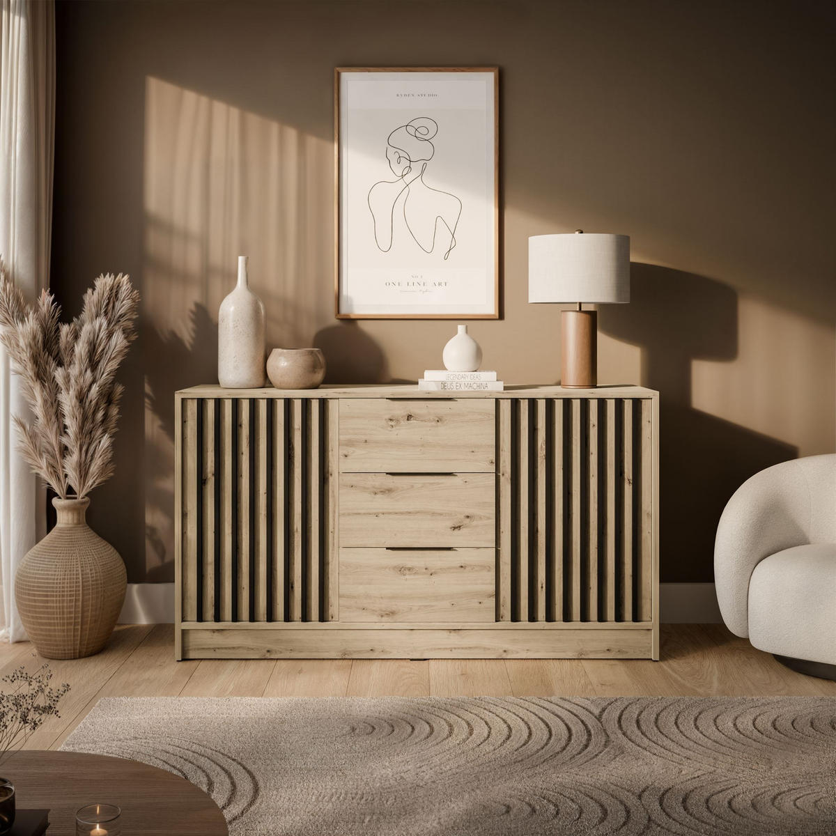 KOMMODE NELA, zweitürig mit Lamellen, Artisan/Schwarz - Eiche Artisan, Holzwerkstoff (155/86/45cm) - Lookway