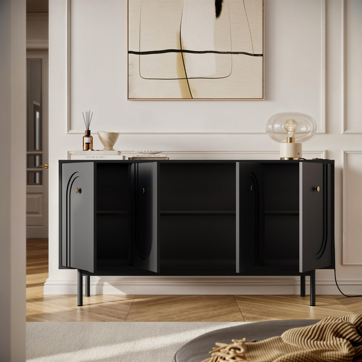 Sideboard LIBERTY 4D auf Holzbeinen schwarz - Schwarz, Holzwerkstoff (154/82/39cm) - Lookway
