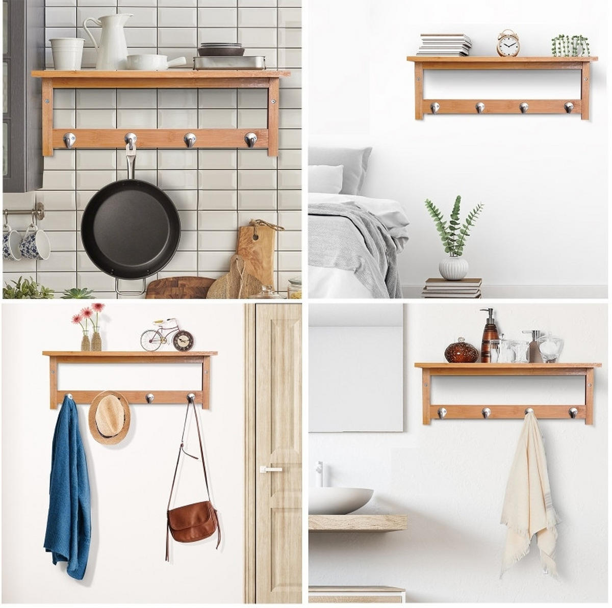 WANDGARDEROBE 50/16/17,5 cm zur Wandmontage mit Ablage und 4 Metallhaken aus Bambus, Naturholz - Naturfarben, Holzwerkstoff (50/17.5/16cm) - Redom