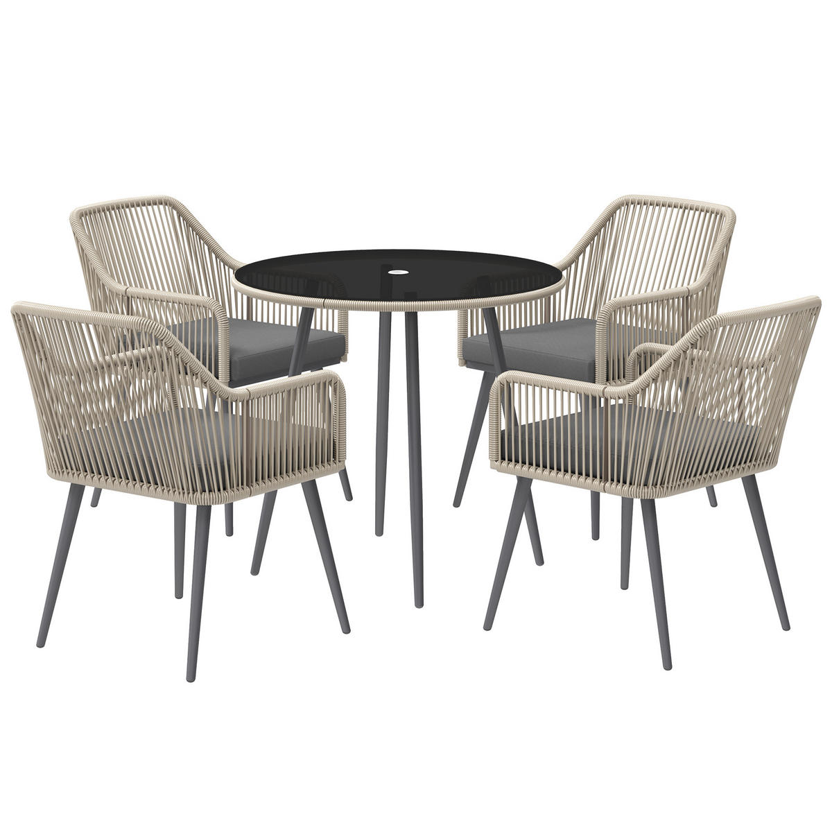 GARTENSET DE-13607 5-teilig mit Glastisch & Kissen Braun - Braun, Metall - ComfortXL