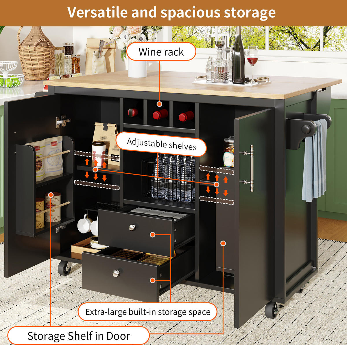 KÜCHENINSEL 137,9/92/73 cm Schwarz aus MDF und Metall mit Klapptisch - Schwarz, Holzwerkstoff (73/92.5/137.9cm) - OKMYHOME