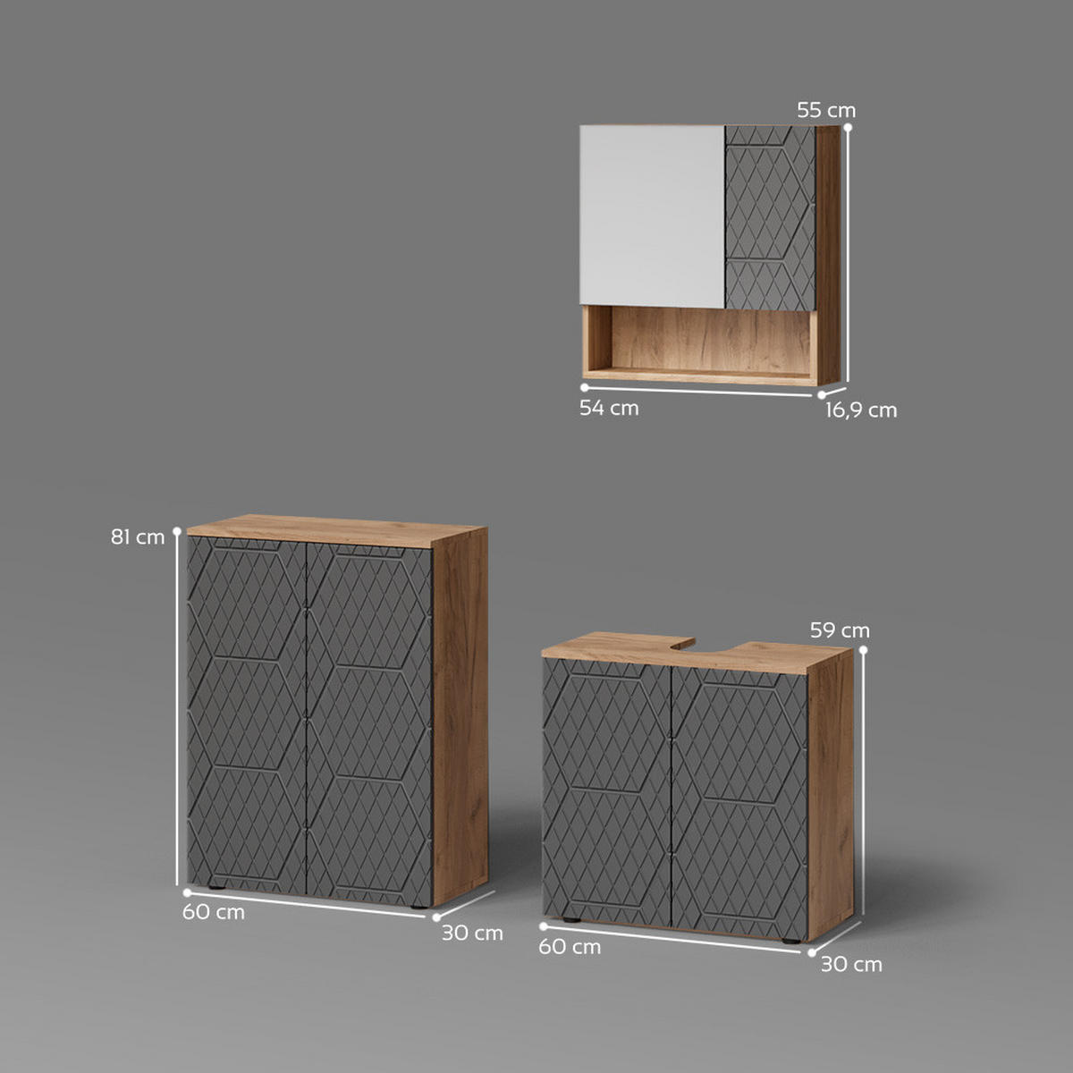 BADMÖBEL-SET Ronco Anthrazit gestreift 3 Teile, mit Unterschrank 60 cm - Honigeiche/Anthrazit, Holzwerkstoff (60/59/30cm) - Livinity®