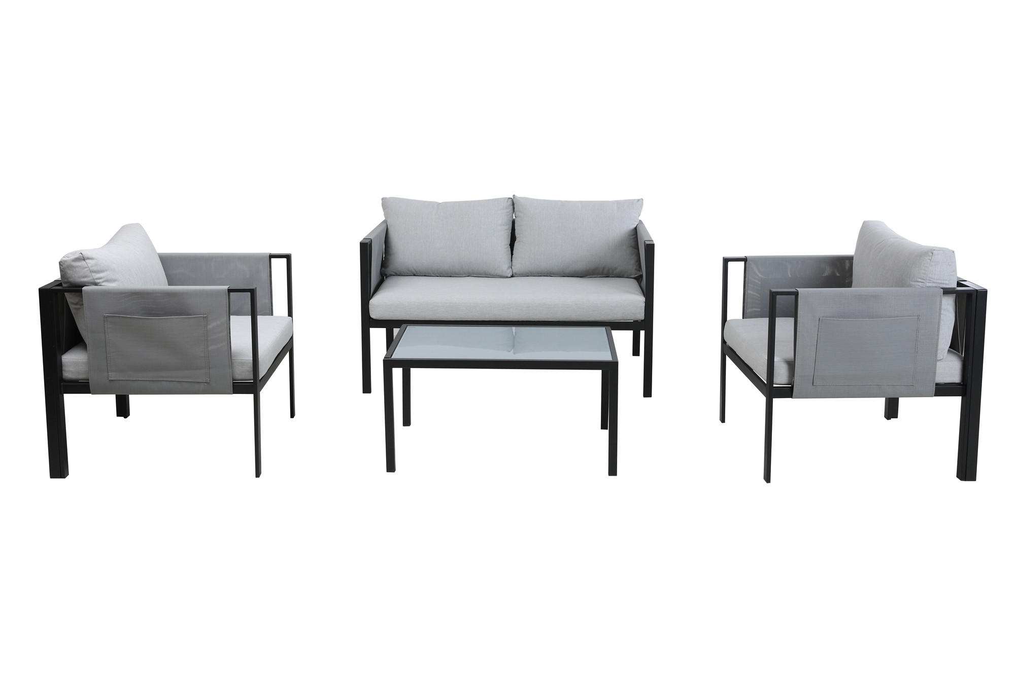 SITZGRUPPE Yolo 2-Sitzer + 2 Sessel, 1 Couchtisch, Sitz- + Rückenkissen - Schwarz, Metall - TPFGarden