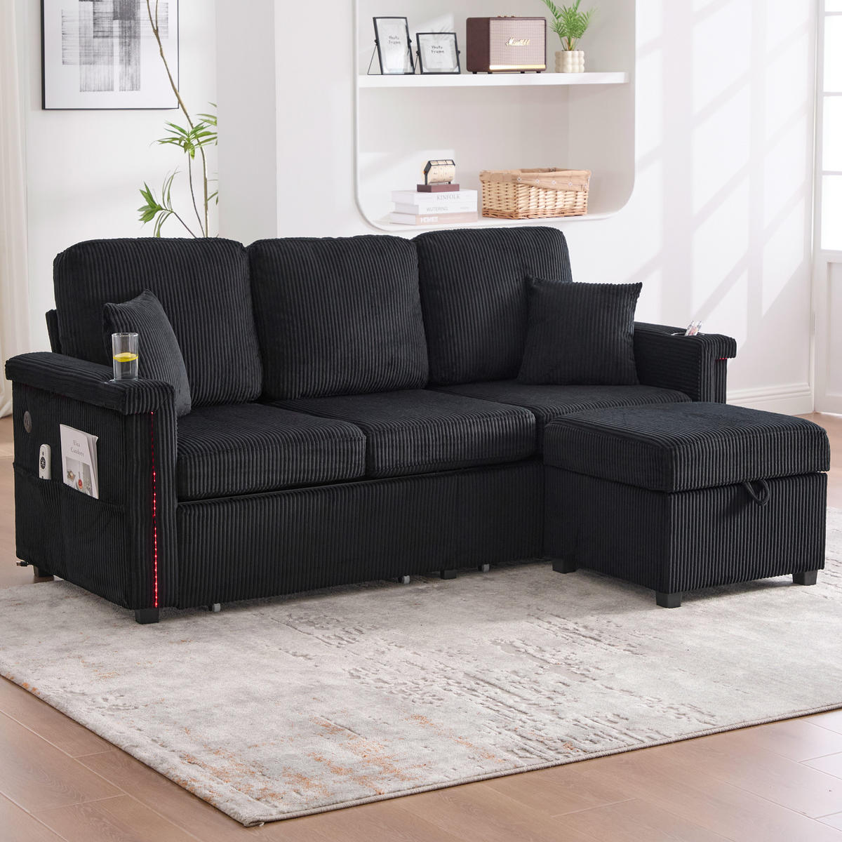 ECKSOFA Corduroy mit LED und USB-Anschluss Stauraum-Schubladen 194/73/81 cm Schwarz - Schwarz, Textil (73/194cm) - Redom