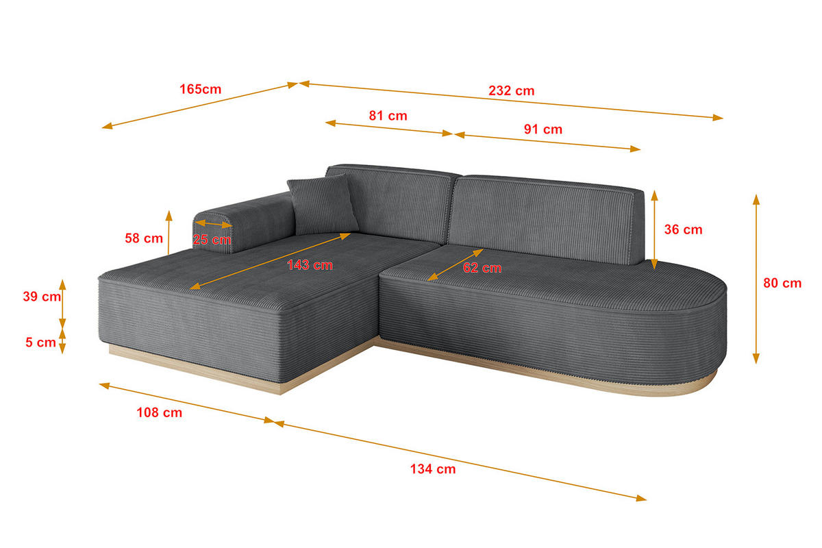 ECKSOFA Ottomane Links IREA-L1 - 232x165x80 cm Duneklgrau - Dunkelgrau, Holzwerkstoff/Textil (232/165cm) - ALTDECOR