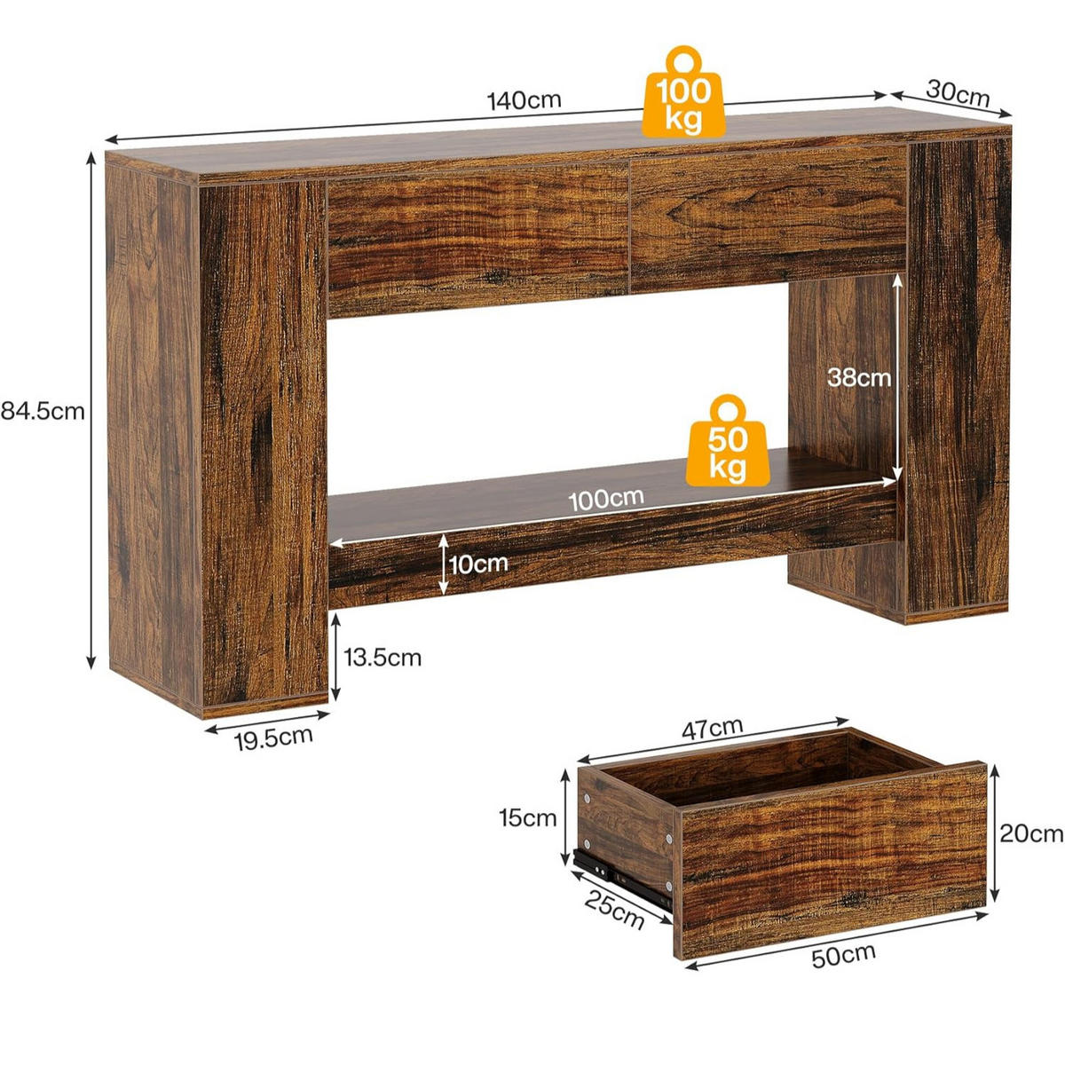 KONSOLENTISCH Holzoptik Braun mit 2 Schubladen 140×30 cm - Ahornfarben, Holzwerkstoff/Metall (30/140/85cm) - Quality Elegance