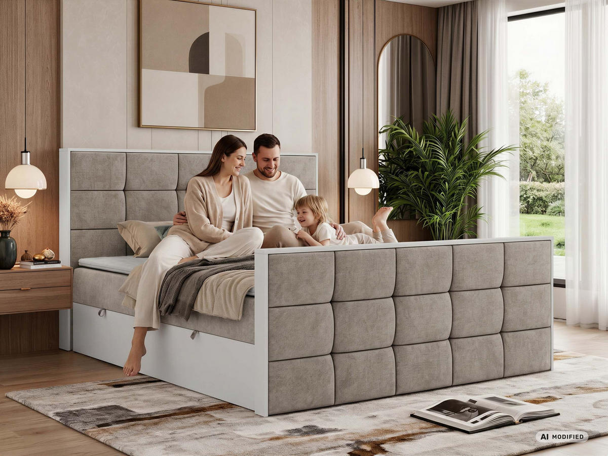 BOXBETT ALVIT DUO 160/200 - Beige Velvet - Topper Visco - H4 - Beige/Schwarz, Kunststoff/Textil (160/200cm) - MKS